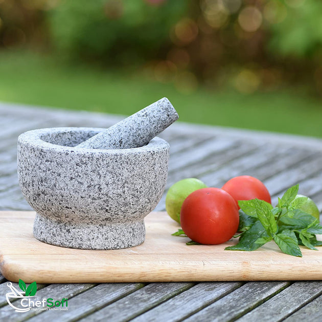 ChefSofi Mortar and Pestle Set - 6 Inch - 2 Cup Capacity - Unpolished Heavy  Granite for Enhanced Performance and Organic Appearance - Included